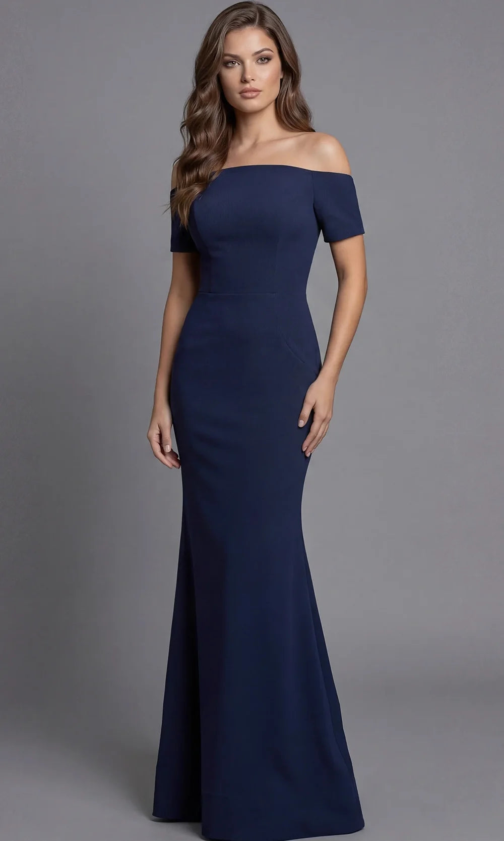 Jovani 44729 - Short Sleeve Minimalist Evening Gown Special Occasion Dress In Navy