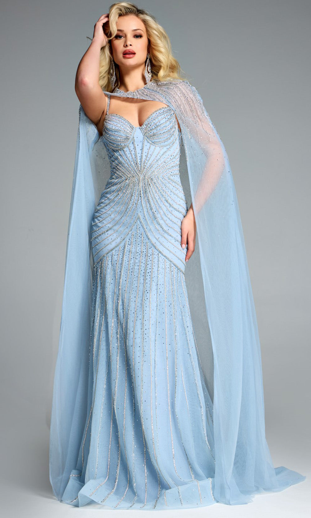 Jovani 44840 - Draped Cape Embellished Fitted Gown Prom Dresses