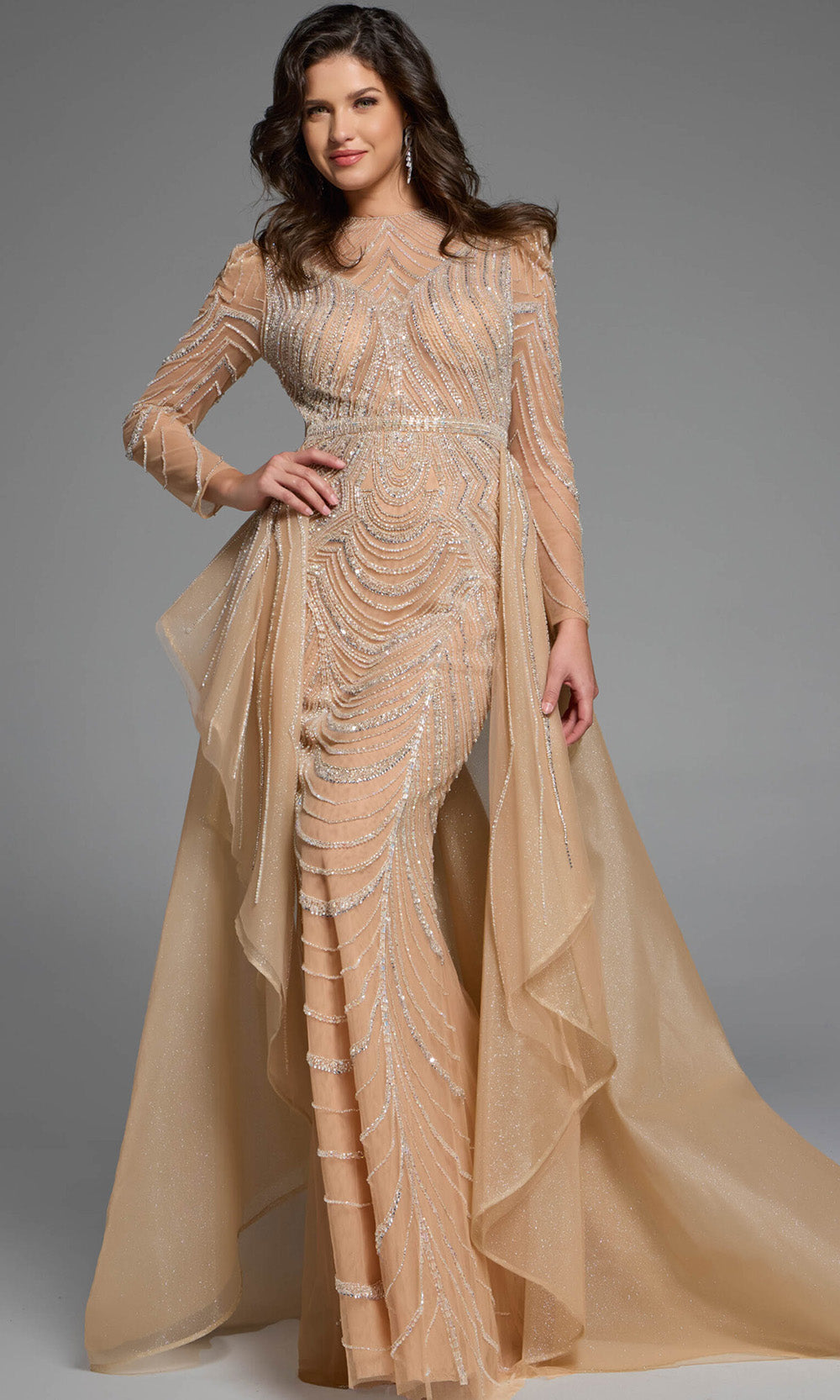 Jovani 44841 - Long Sleeve Ruffled Overskirt Gown