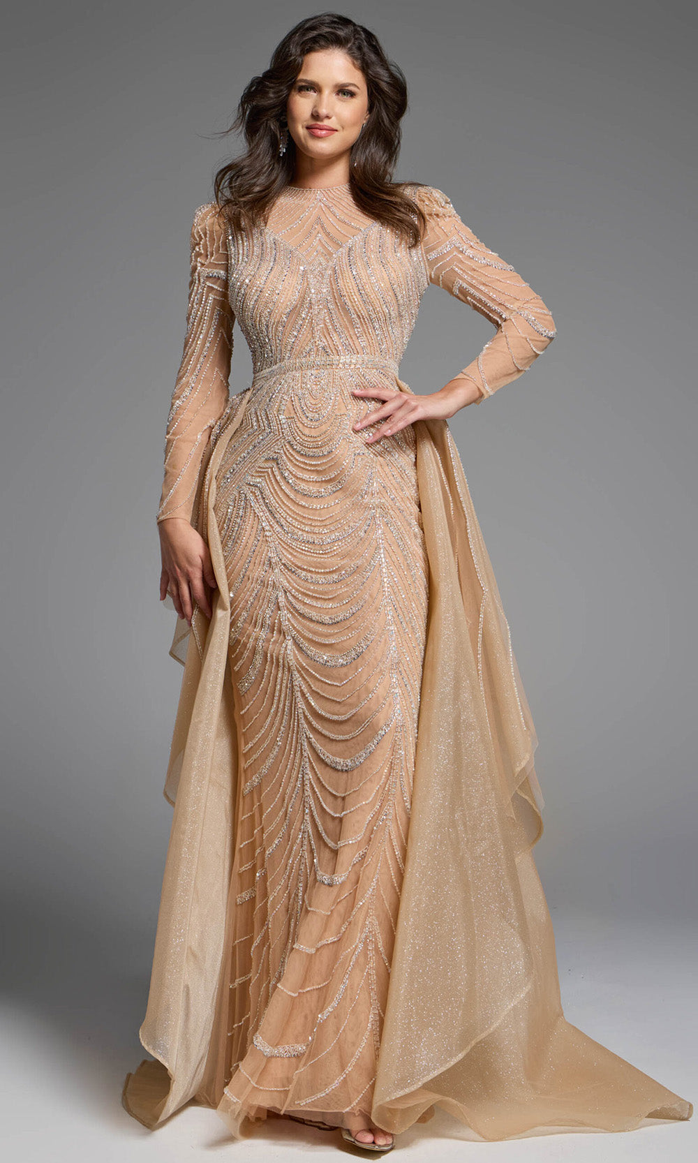 Jovani 44841 - Long Sleeve Ruffled Overskirt Gown Formal Gowns