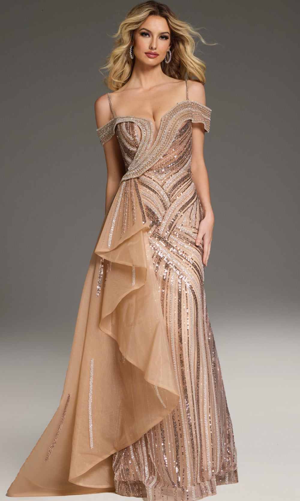 Jovani 44843 - Plunging Neck Beaded Evening Gown