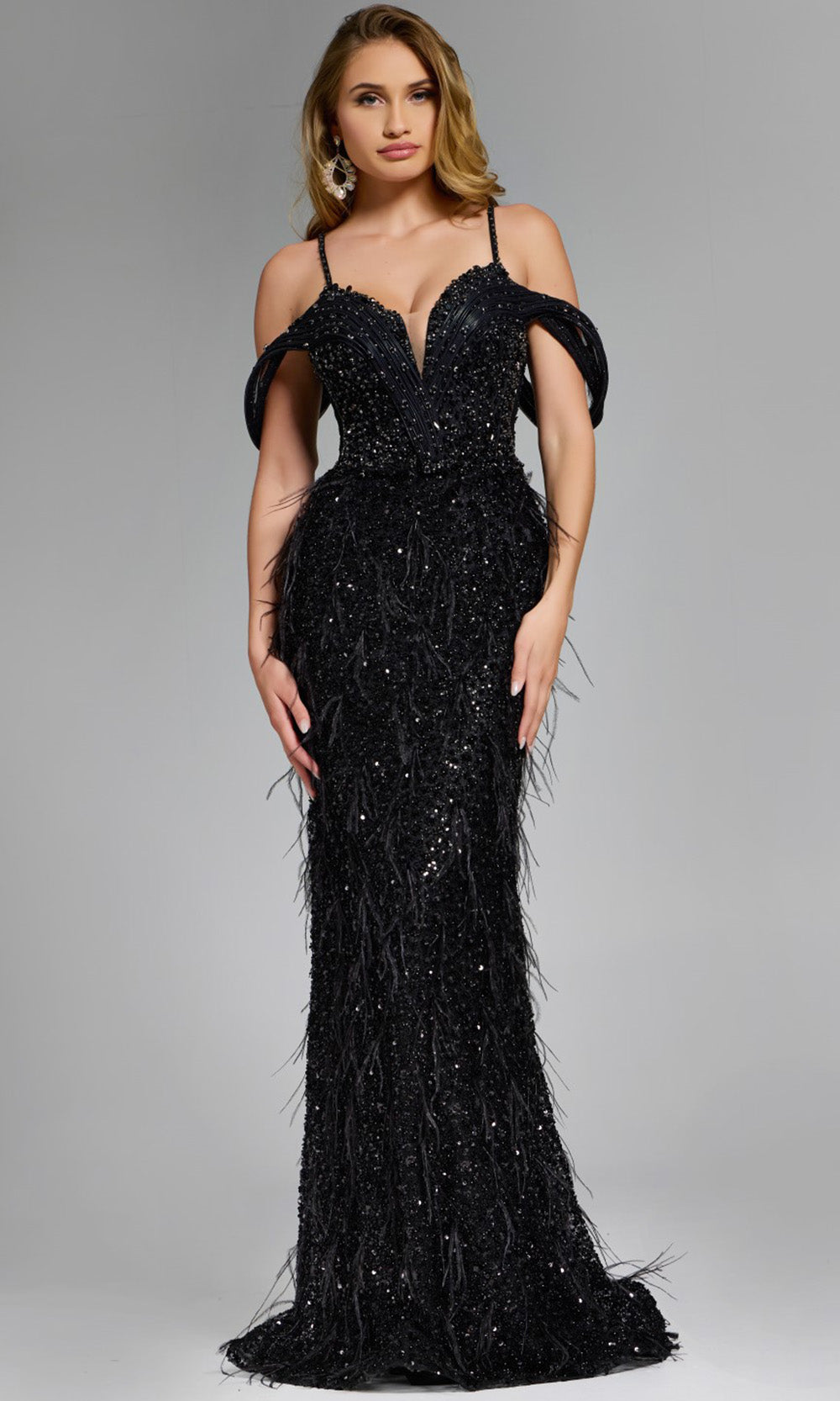 Jovani 44848 - Plunging Sweetheart Fitted Gown with Feathers Formal Gowns