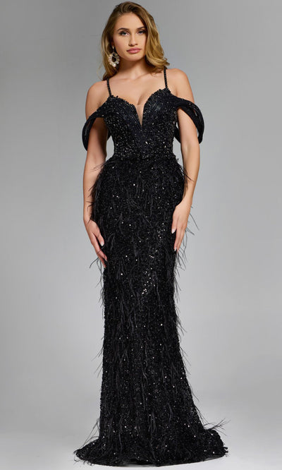Jovani 44848 - Plunging Sweetheart Fitted Gown with Feathers Formal Gowns