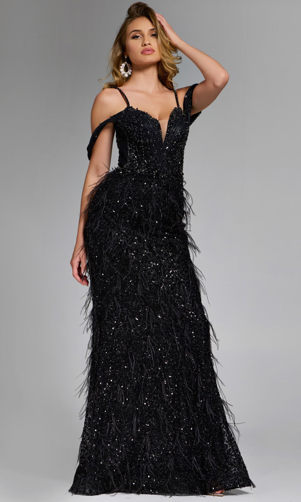 Jovani 44848 - Plunging Sweetheart Fitted Gown with Feathers