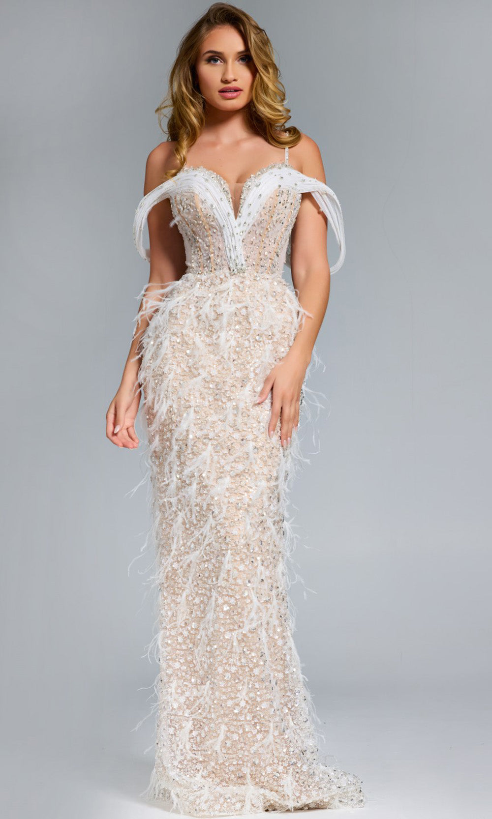 Jovani 44848 - Plunging Sweetheart Fitted Gown with Feathers Formal Gowns