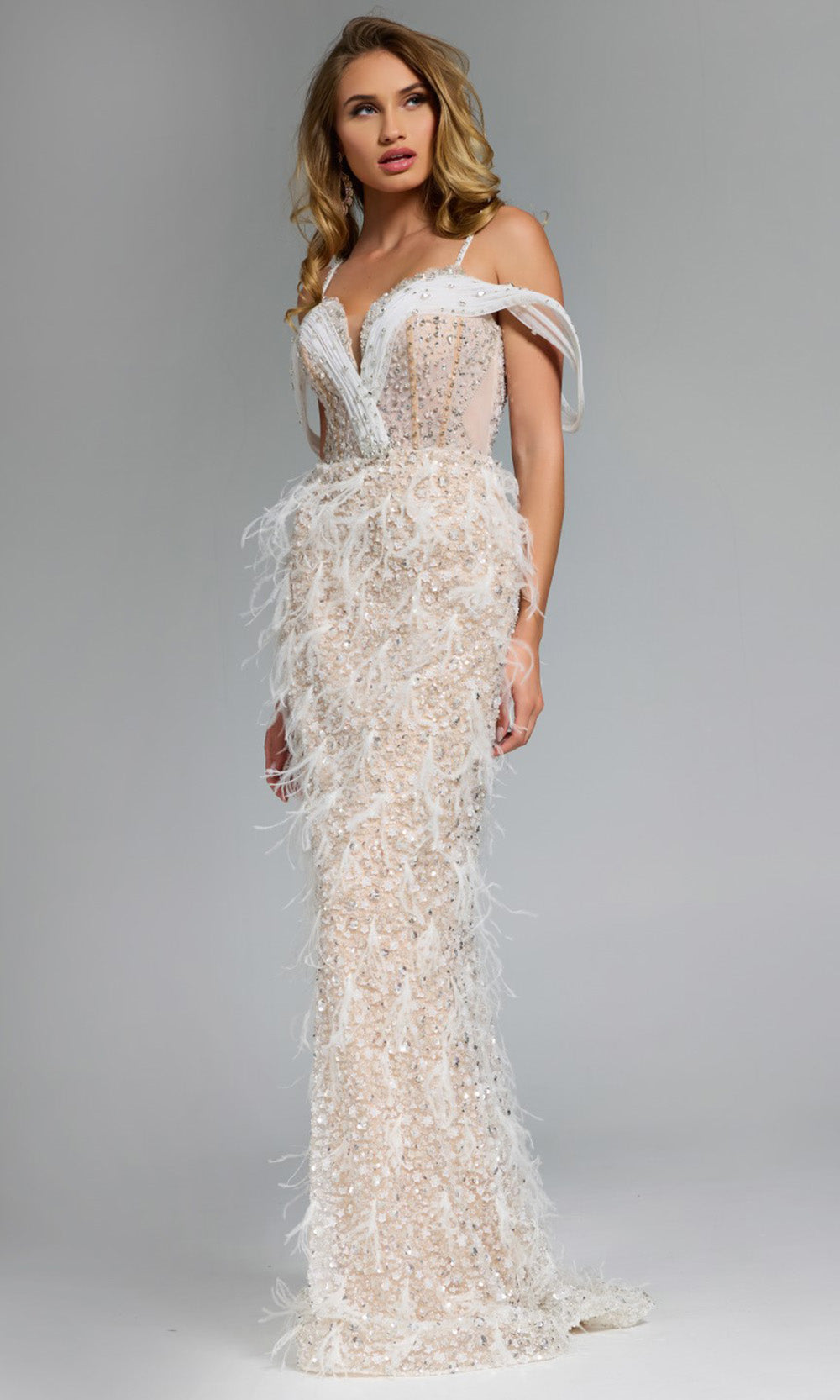 Jovani 44848 - Plunging Sweetheart Fitted Gown with Feathers