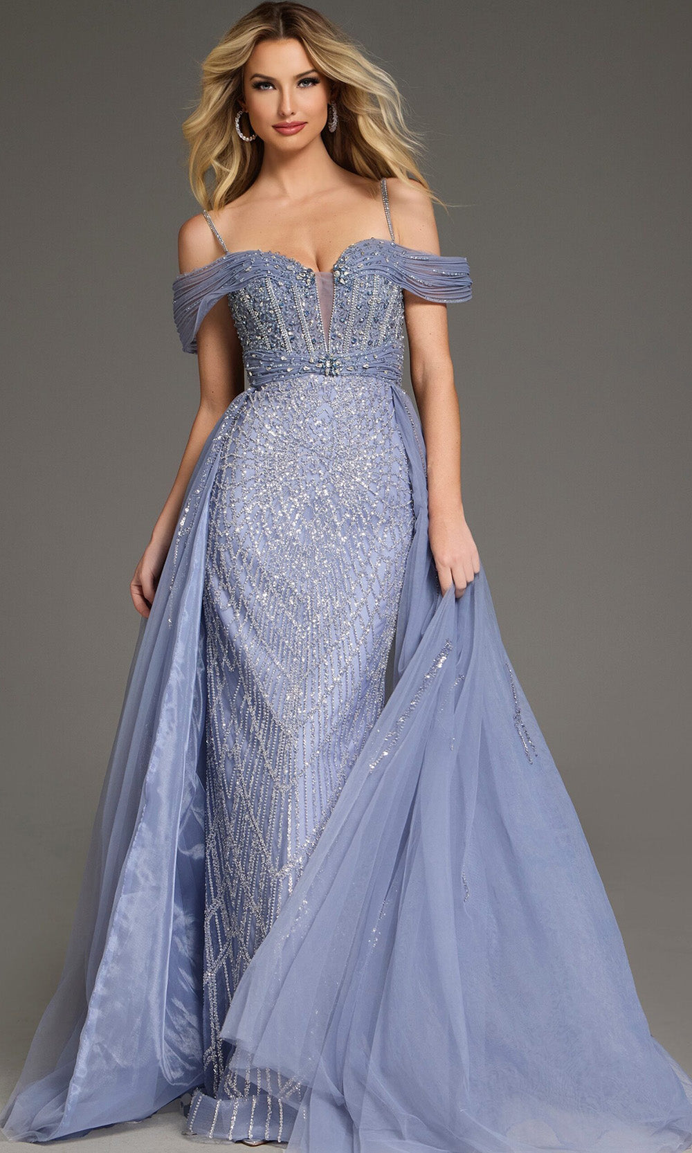 Jovani 44845 - Plunging Neck Sparkling Gown with Overskirt