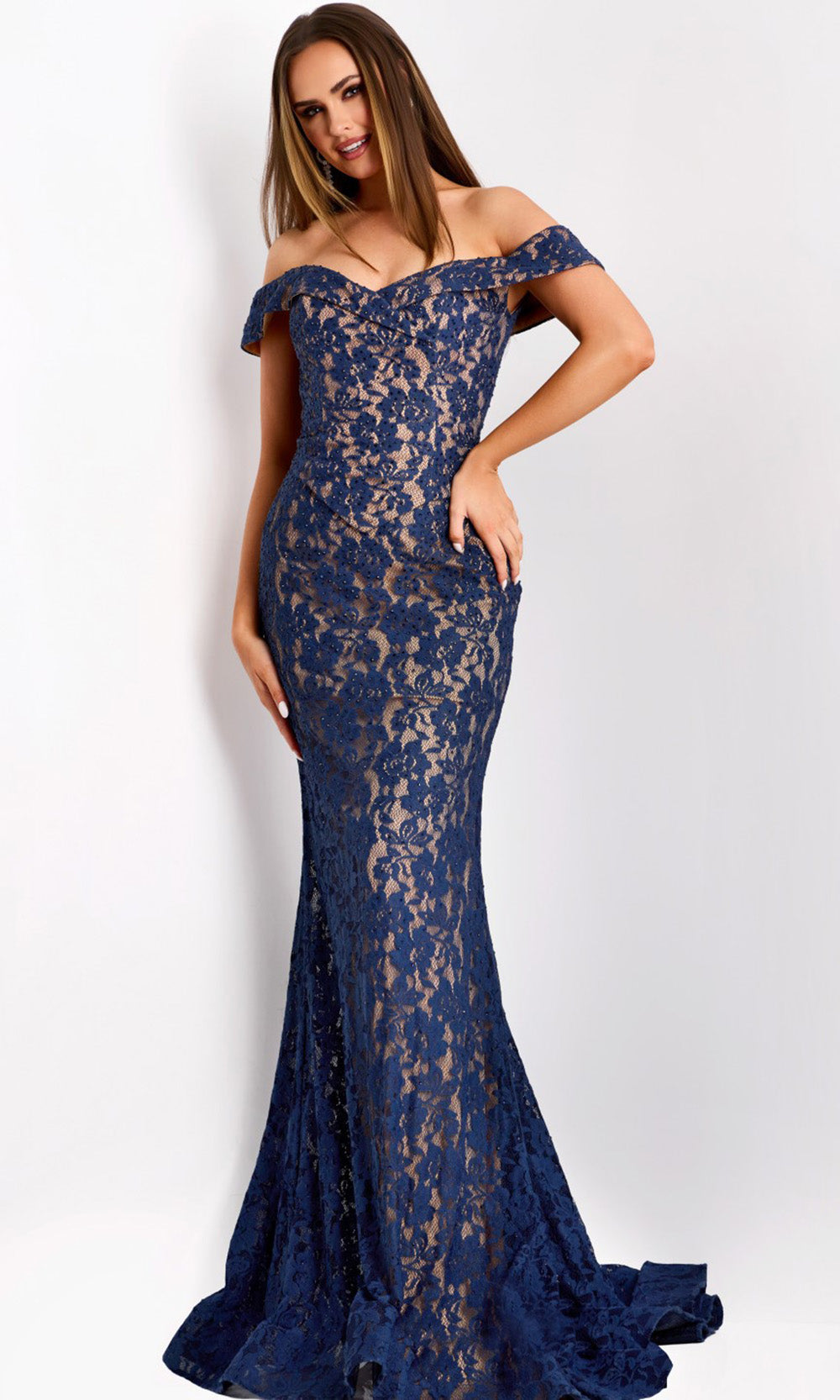 Long Formal Lace Mermaid Evening Prom Dress Jovani 44862 - Navy/Nude / 14 Long Formal Lace Mermaid Evening Prom Dress Jovani 44862 - Navy/Nude / 14