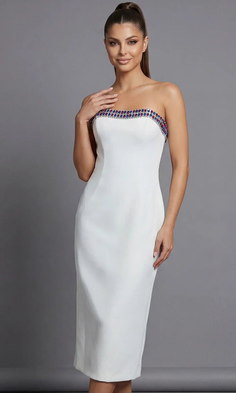 Jovani 44894 - Tea-Length Straight Neckline Fitted Dress Prom Dresses  in Off White