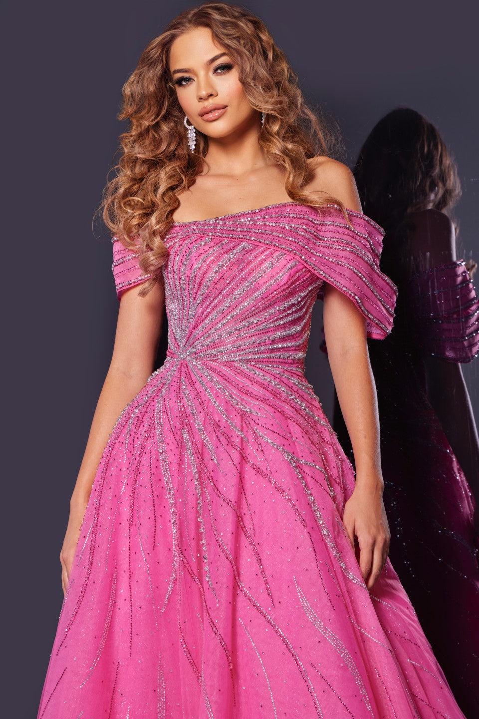 Jovani 45067 - Sparkling Off Shoulder Long Gown Prom Dresses in In Pink