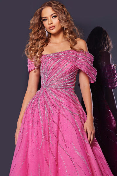 Jovani 45067 - Sparkling Off Shoulder Long Gown Prom Dresses in In Pink