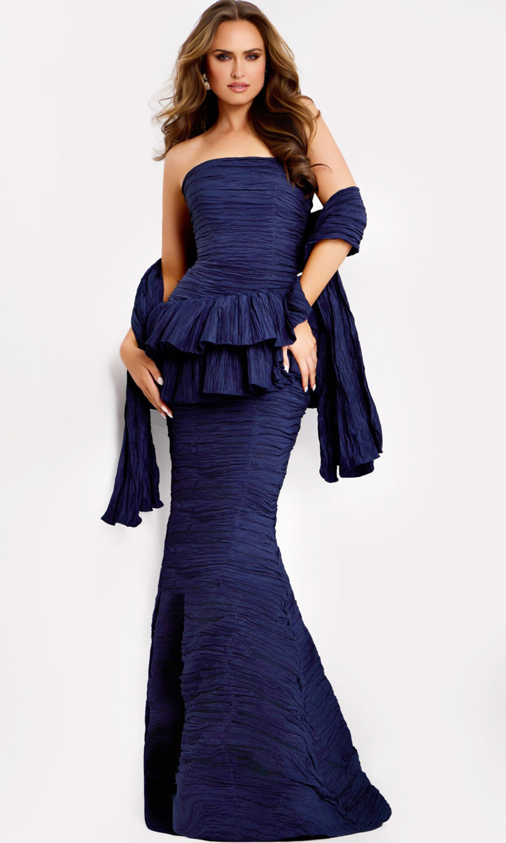 Jovani 45104 - Crinkled Taffeta Layered Peplum Gown