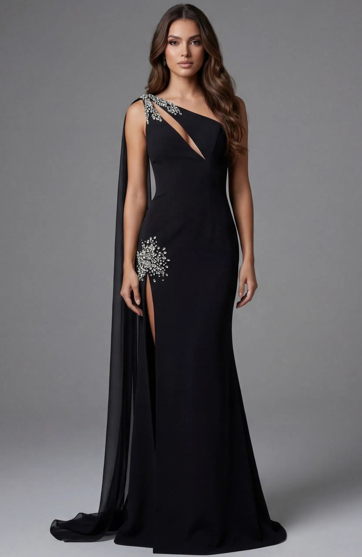 Jovani 45125 - Beaded Accent Asymmetric Crepe Gown Prom Dresses