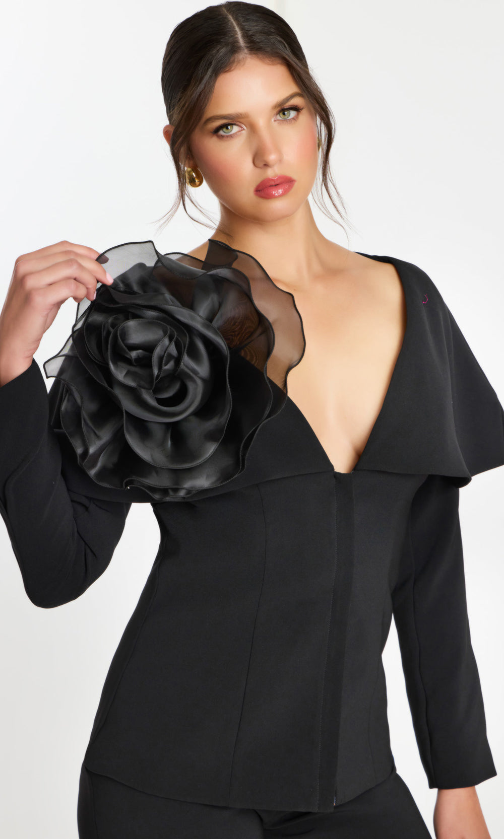 Jovani 45177 - Floral Shoulder V-Neckline Pantsuit Special Occasion Dress In Black
