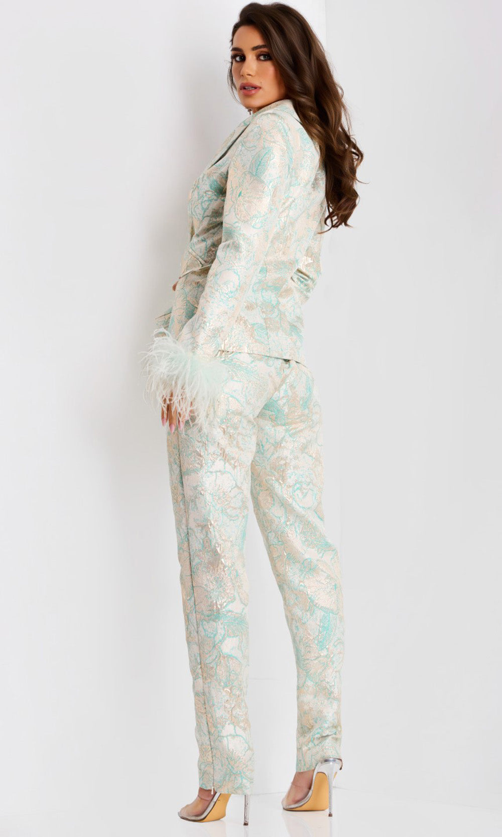 Jovani 45178 - Plunging V-Neck Floral Texture Pantsuit