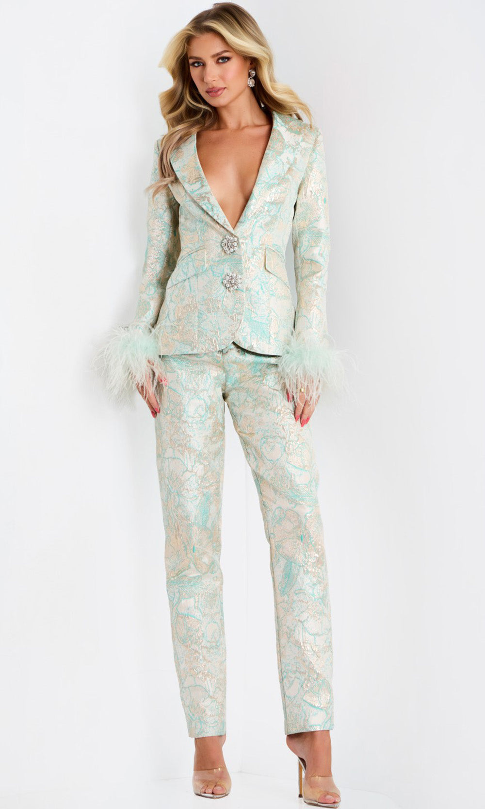 Jovani 45178 - Plunging V-Neck Floral Texture Pantsuit Formal Pantsuits
