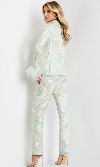 Jovani 45178 - Plunging V-Neck Floral Texture Pantsuit Formal Pantsuits