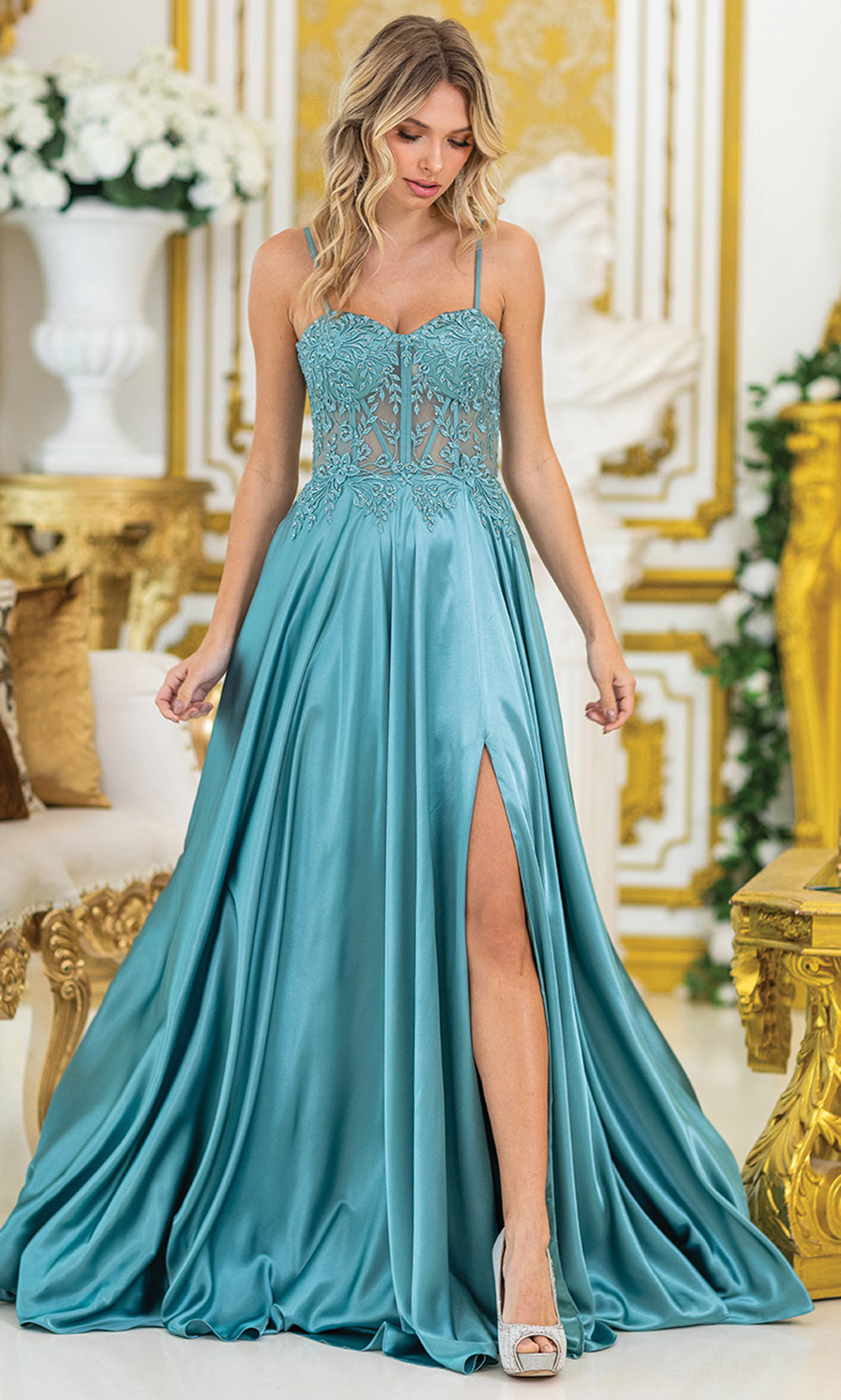 Dancing Queen Bridal 0310 - Sweetheart A-Line Long Gown with Embroidery Prom Dresses in Green 