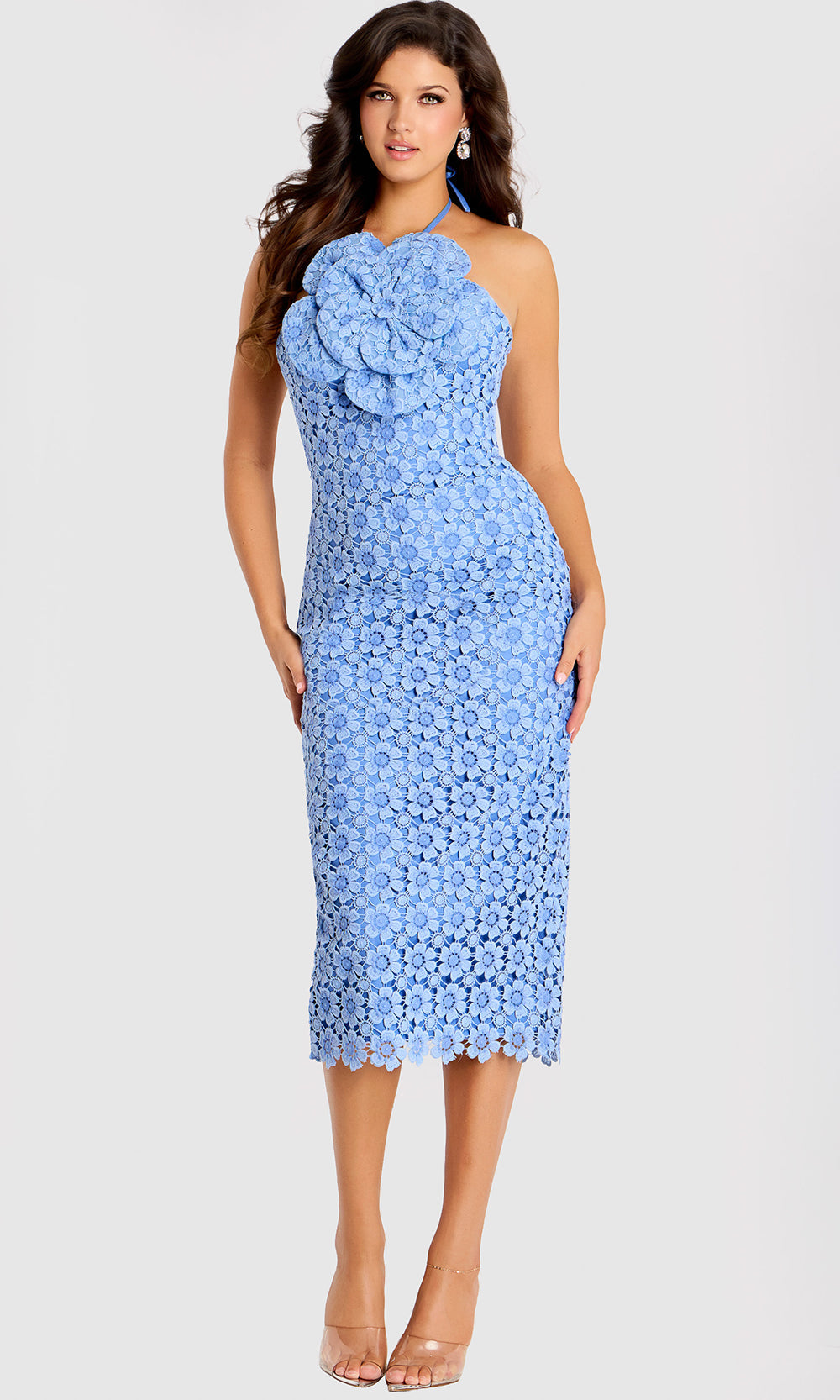Jovani 45207 - Floral Lace Tea-Length Halter Dress Special Occasion Dress In Blue