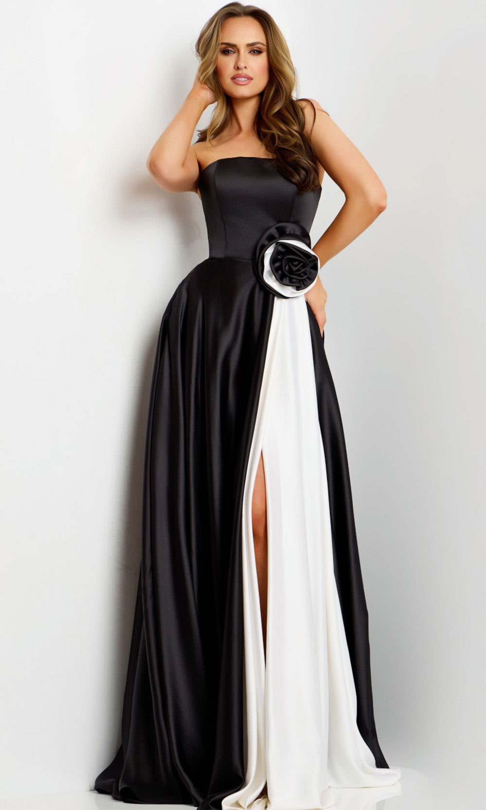 Jovani 45209 - Long Satin A-line Dress - Two-Tone Design, Rosette Accent, Strapless, High Slit, Floor Length 2 / Black/White Jovani 45209 - Long Satin A-line Dress - Two-Tone Design, Rosette Accent, Strapless, High Slit, Floor Length 2 / Black/White
