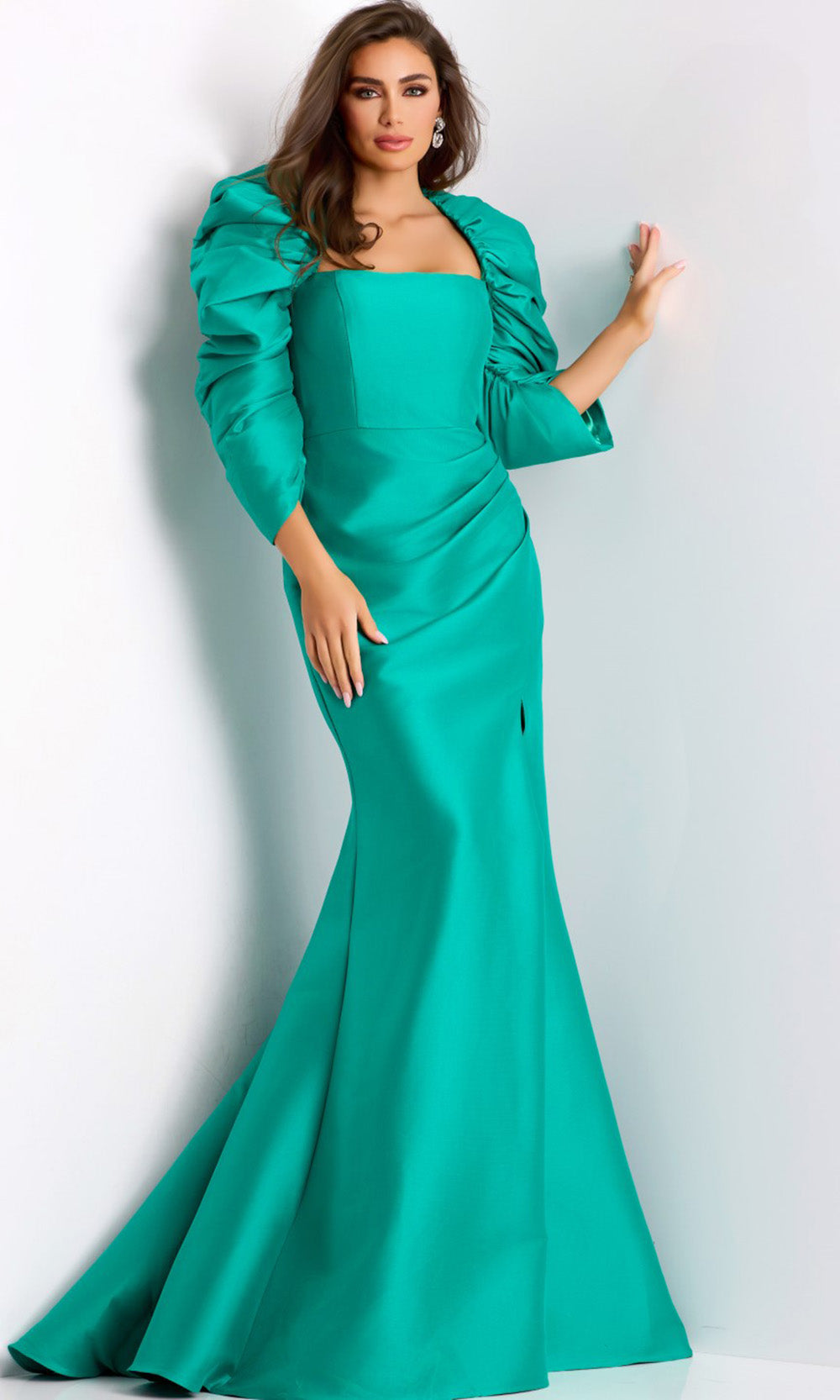 Jovani 45214 - Long Satin Mermaid Dress - Three-Quarter Sleeves, Ruching, High Slit, Concealed Back Zipper, Sweep Train ADASA Jovani 45214 - Long Satin Mermaid Dress - Three-Quarter Sleeves, Ruching, High Slit, Concealed Back Zipper, Sweep Train ADASA