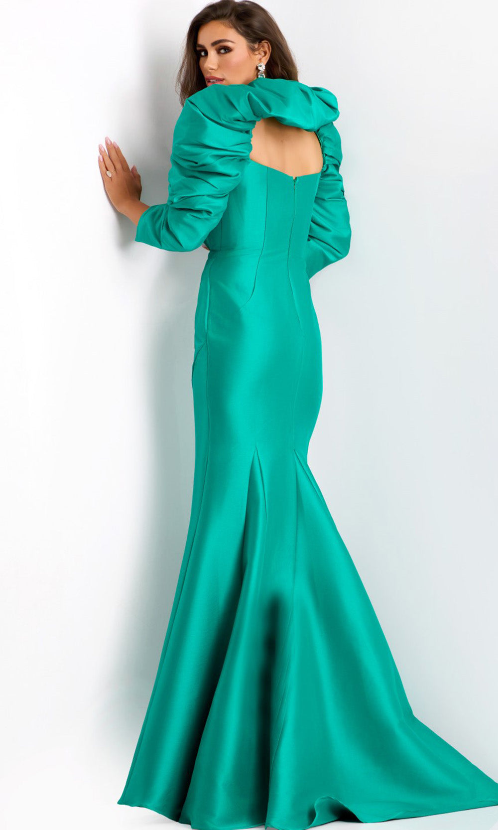 Jovani 45214 - Long Satin Mermaid Dress - Three-Quarter Sleeves, Ruching, High Slit, Concealed Back Zipper, Sweep Train ADASA Jovani 45214 - Long Satin Mermaid Dress - Three-Quarter Sleeves, Ruching, High Slit, Concealed Back Zipper, Sweep Train ADASA