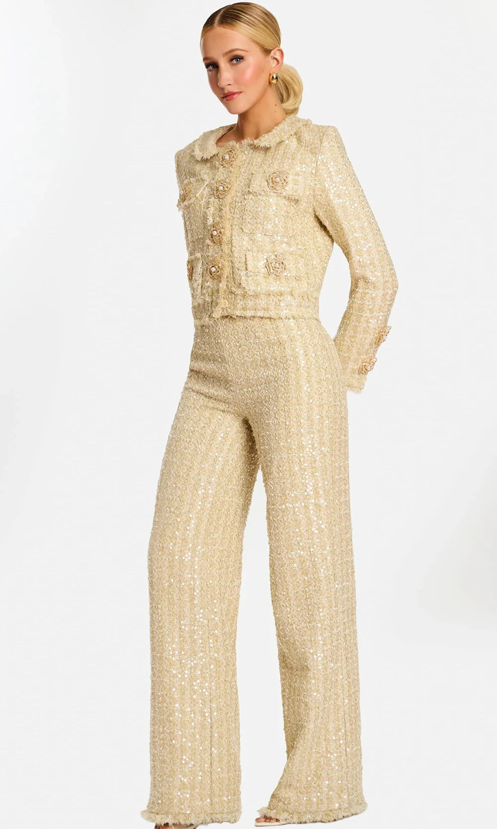 Jovani 45244 - Long Sleeve Tweed Pantsuit with Floral Accent Prom Dresses  in Champagne  