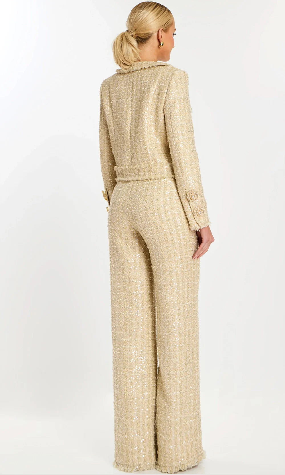 Jovani 45244 - Long Sleeve Tweed Pantsuit with Floral Accent Prom Dresses  in Champagne  