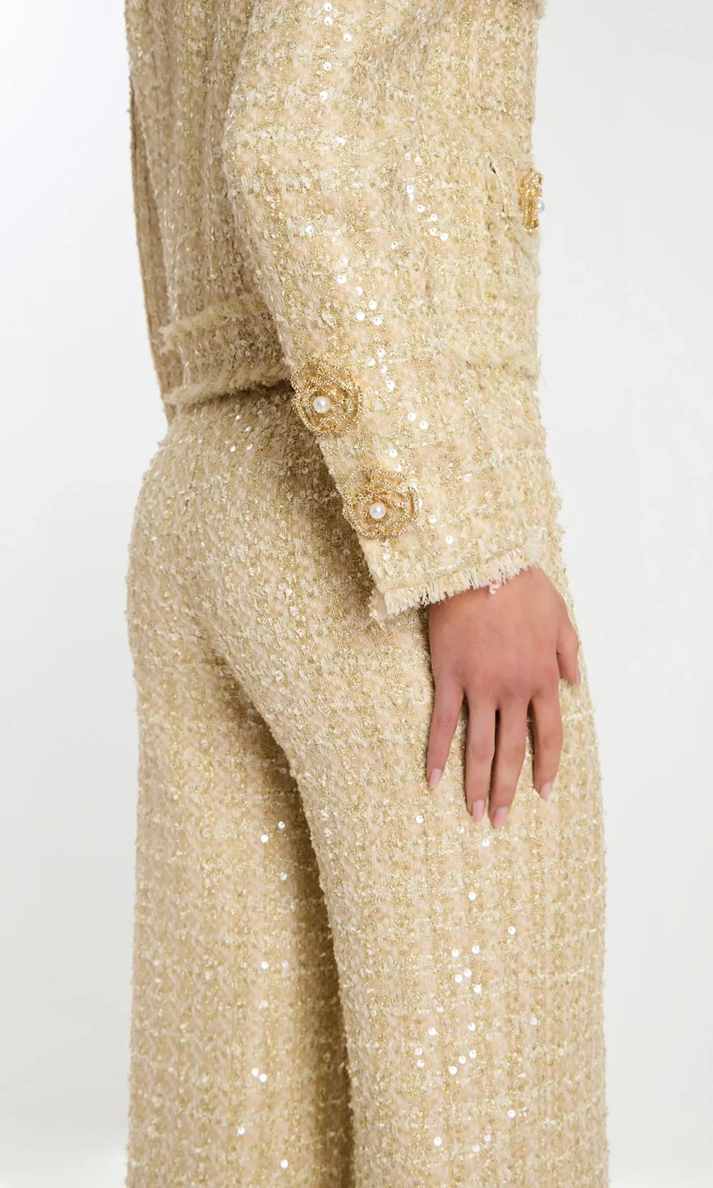 Jovani 45244 - Long Sleeve Tweed Pantsuit with Floral Accent Prom Dresses  in Champagne  