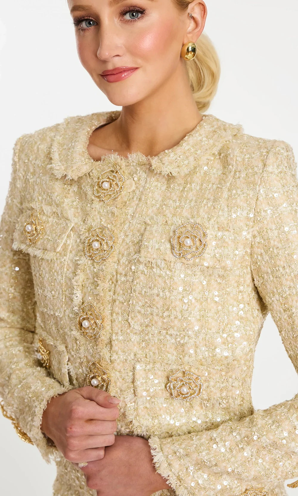 Jovani 45244 - Long Sleeve Tweed Pantsuit with Floral Accent Prom Dresses  in Champagne  