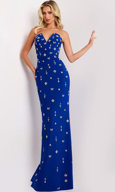 Jovani 45248 - Rhinestone Embellished V-Neck Crepe Gown Formal Gowns