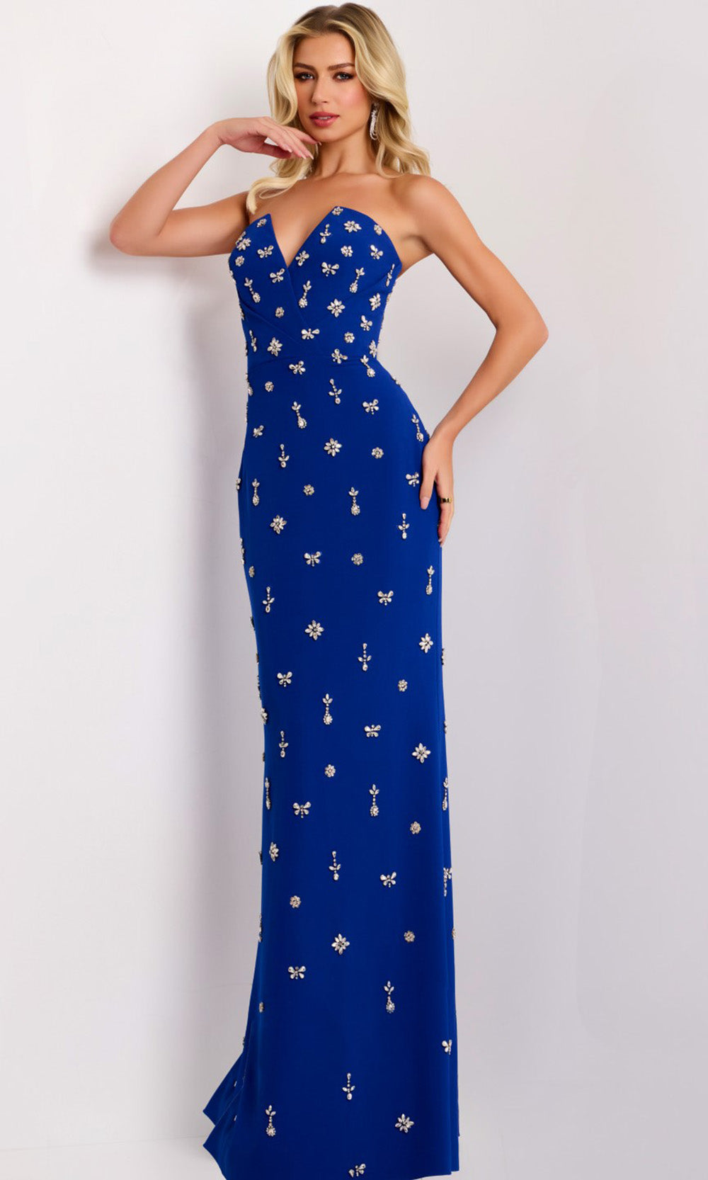 Jovani 45248 - Rhinestone Embellished V-Neck Crepe Gown