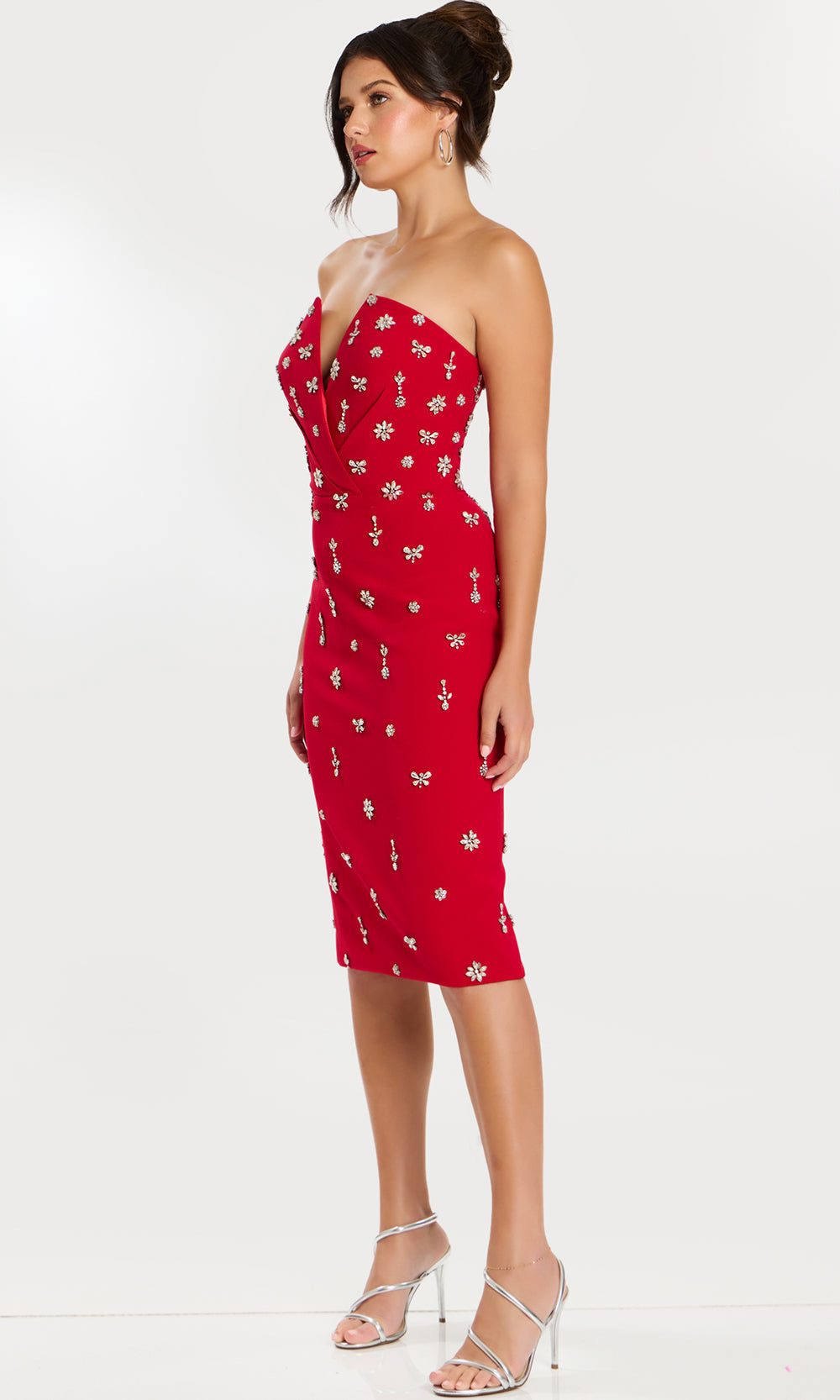 Jovani 45249 - Tea-Length Crystal Ornate V-Neck Dress Prom Dresses  in Red  