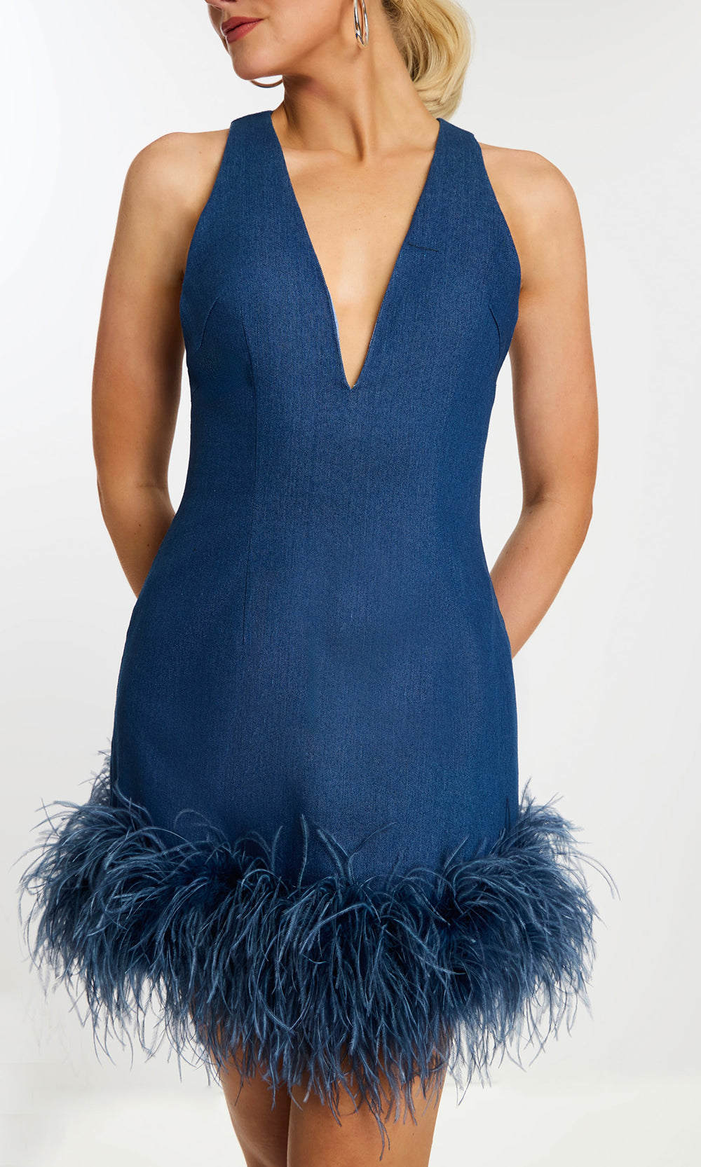 Jovani 45252 - Feather Hem V-Neck Sheath Dress Special Occasion Dress In Denim