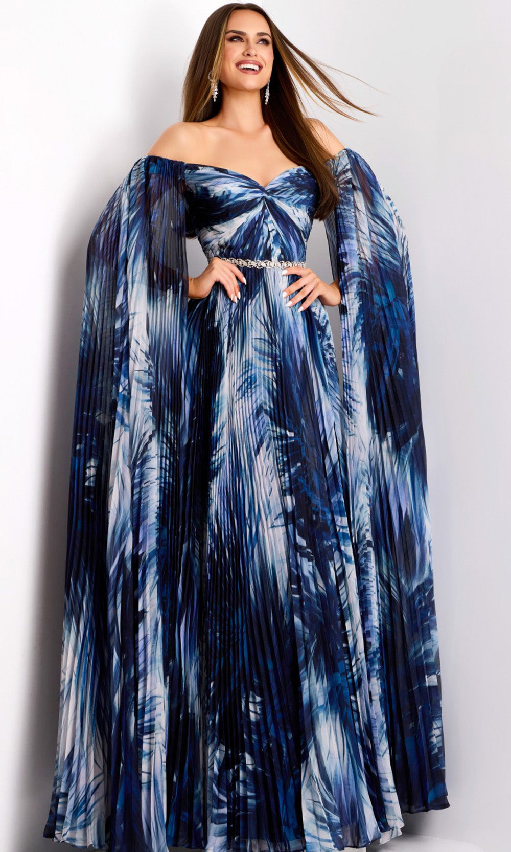 Jovani 45277 - Crystal Belt Printed Chiffon A-Line Gown