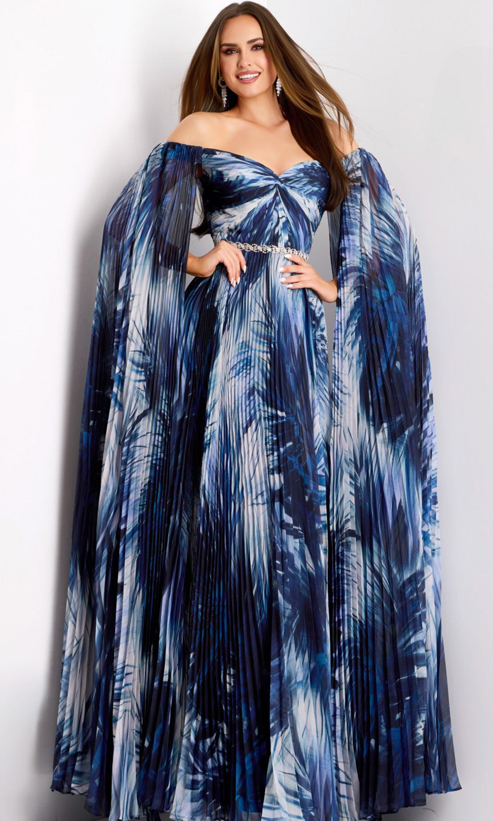 Jovani 45277 - Long Printed Chiffon A-line Dress - Pleated, Long Cape Sleeves, Knotted Ruched Bust, Thin Beaded Belt, Pleated, Floor Length 16 / Print Jovani 45277 - Long Printed Chiffon A-line Dress - Pleated, Long Cape Sleeves, Knotted Ruched Bust, Thin Beaded Belt, Pleated, Floor Length 16 / Print