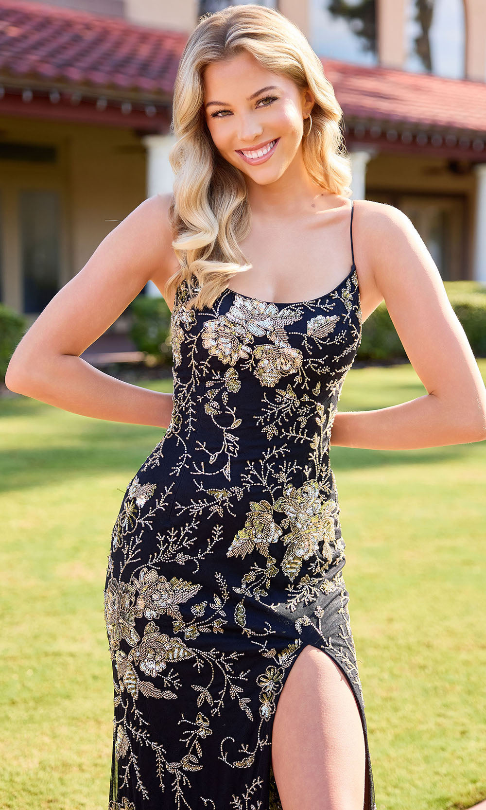 Primavera Couture 4531 - Fitted Floral Pattern Slit Dress Prom Dresses