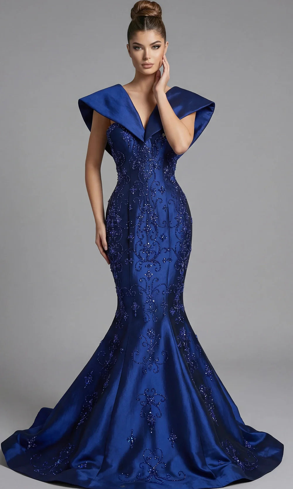 Jovani 45337 - V-Neck Tonal Beaded Evening Gown Prom Dresses  in Navy  