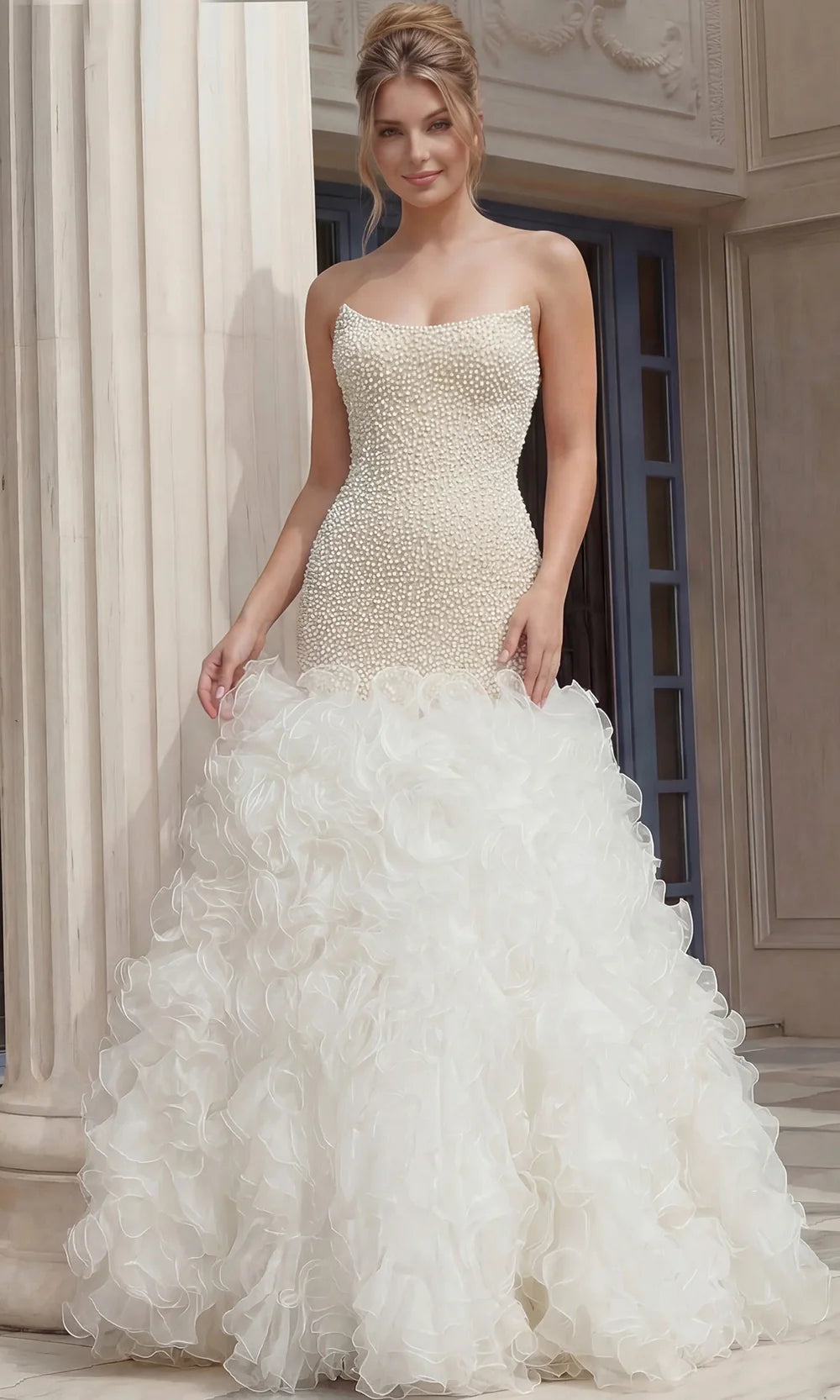 Jovani 45339 - Pearl Bodice Scoop Neck Evening Gown Wedding Dresses  in White Nude 