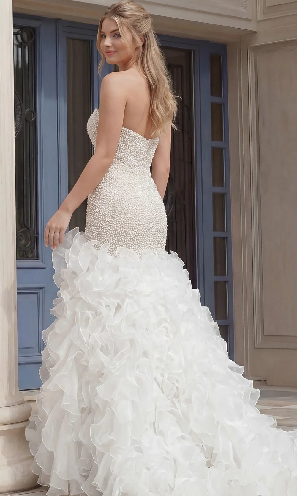 Jovani 45339 - Pearl Bodice Scoop Neck Evening Gown Wedding Dresses  in White Nude 