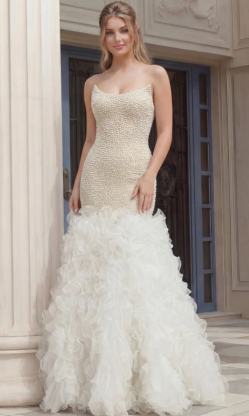 Jovani 45339 - Pearl Bodice Scoop Neck Evening Gown Wedding Dresses  in White Nude 