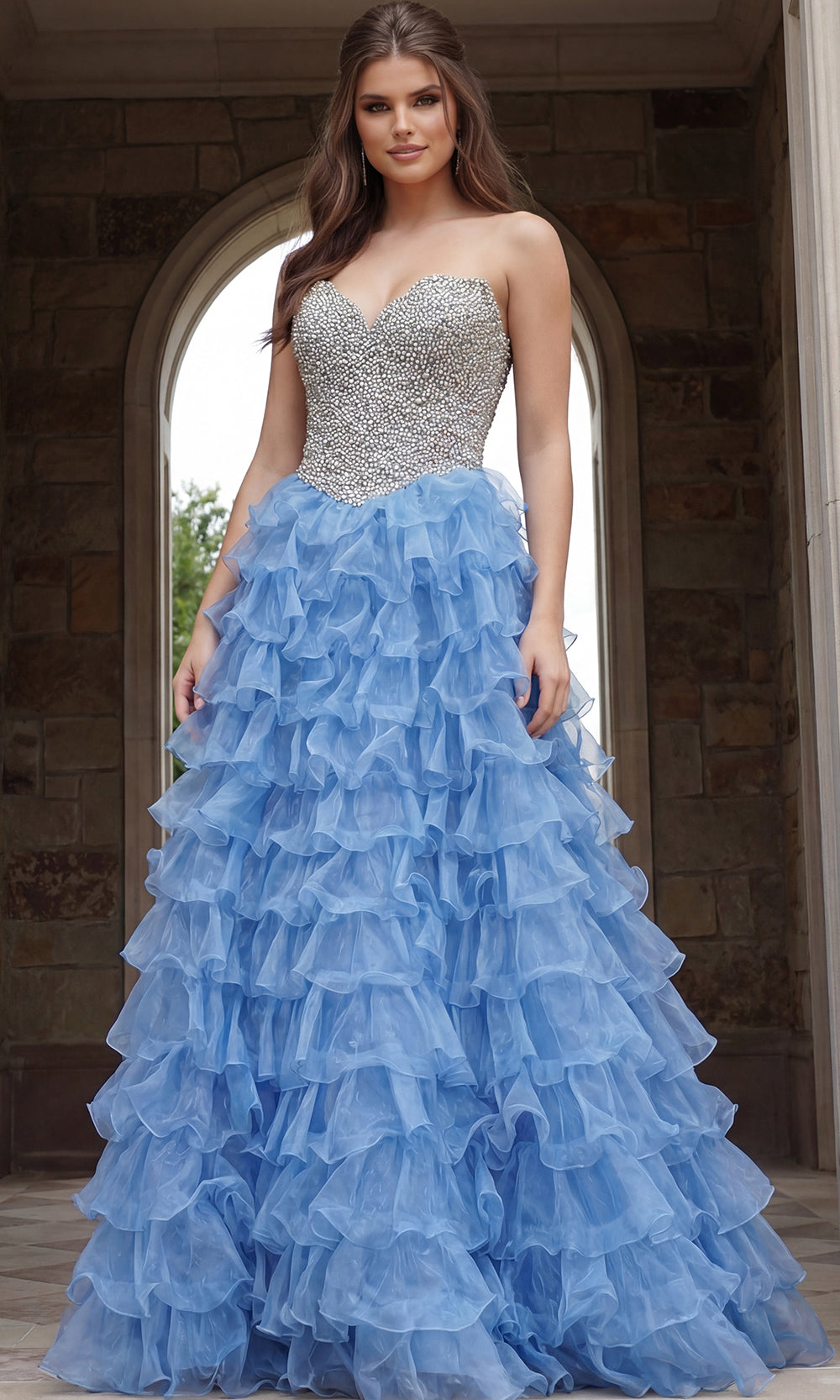 Jovani 45341 - Tiered Ruffle Skirt Sweetheart Long Gown Special Occasion Dress In Periwinkle