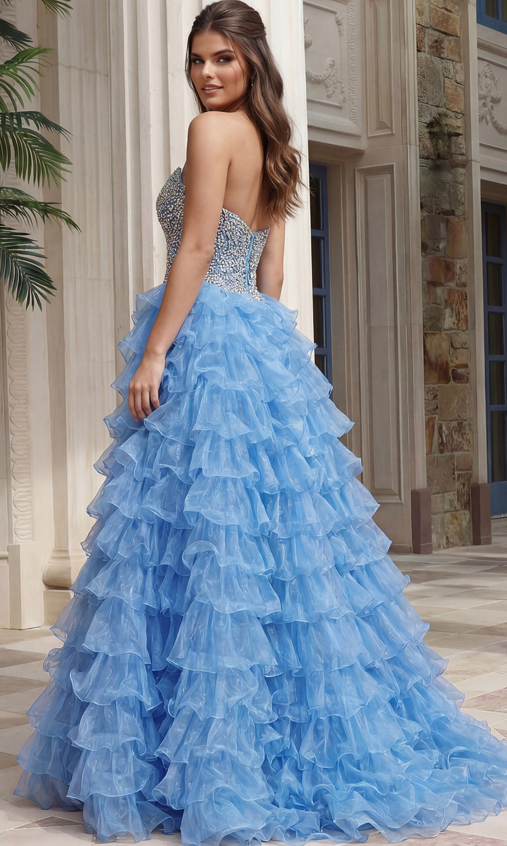 Jovani 45341 - Tiered Ruffle Skirt Sweetheart Long Gown Special Occasion Dress In Periwinkle