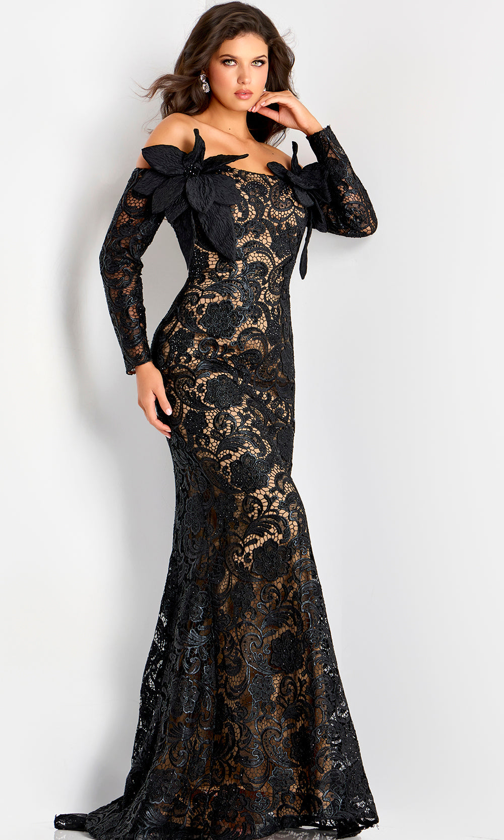 Jovani 45345 - Lace Embellished Long Sleeve Gown