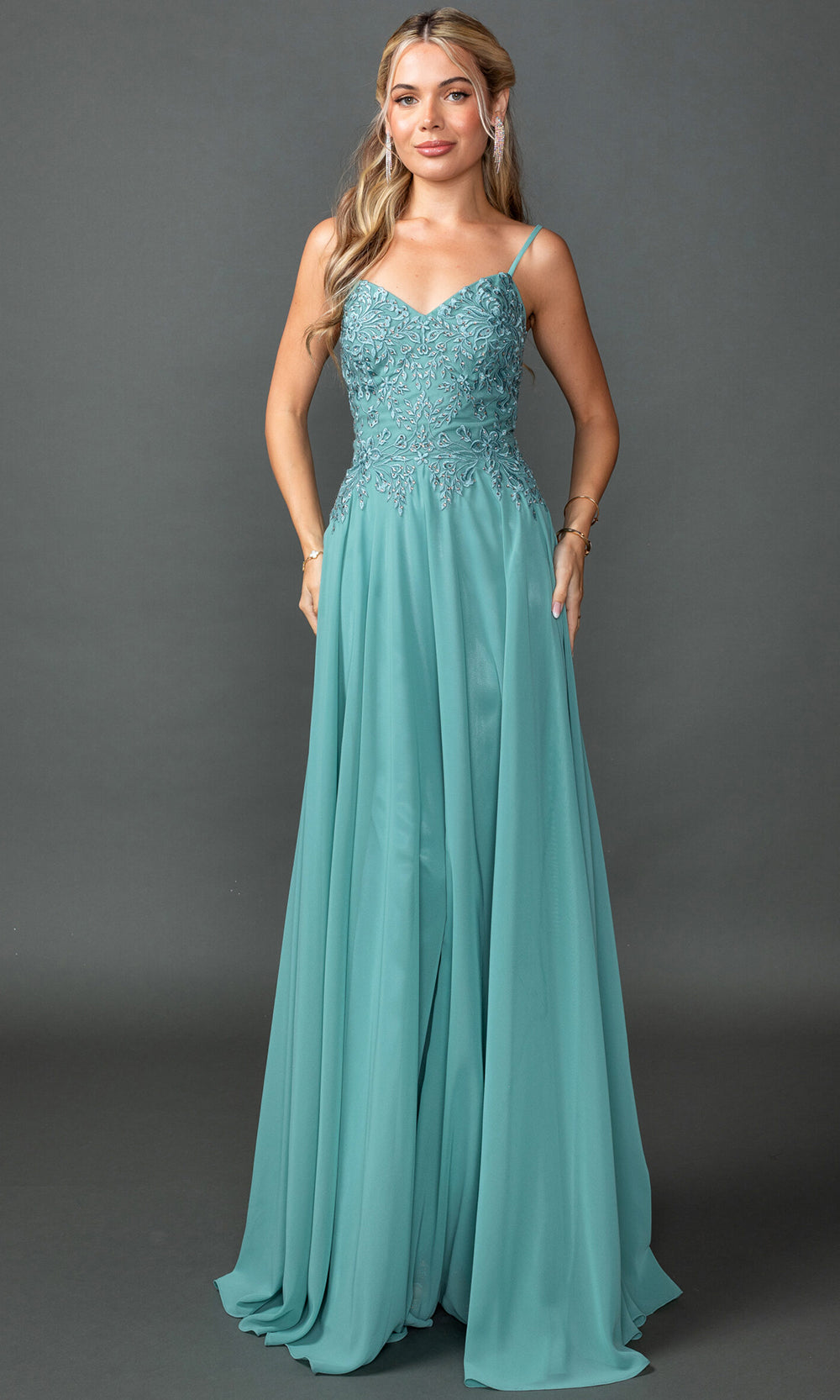 Dancing Queen 4542 - V?Neck Chiffon Embroidered Bodice Prom Dress Prom Dresses