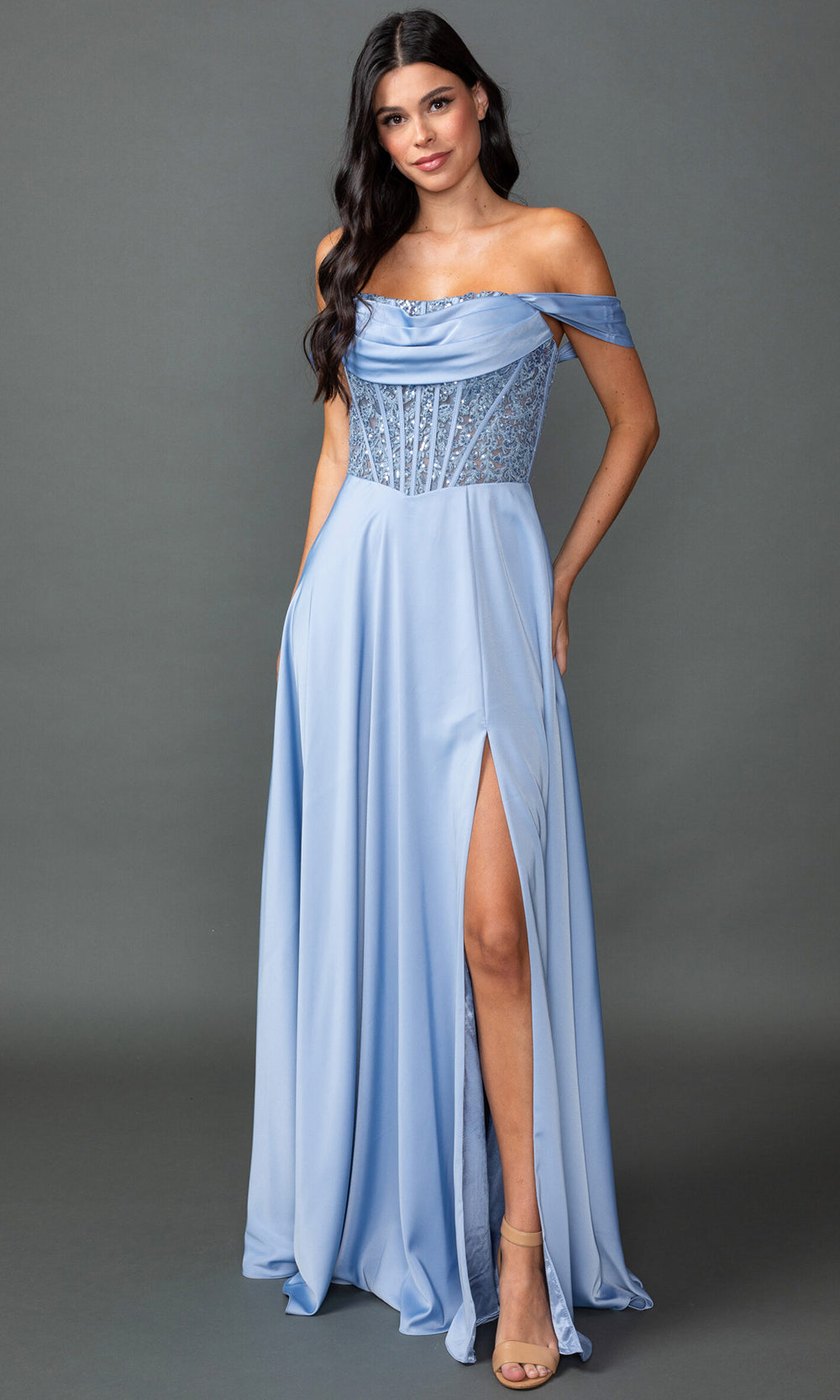 Dancing Queen 4546A - Off?Shoulder Beaded Corset Satin Prom Dress Prom Dresses