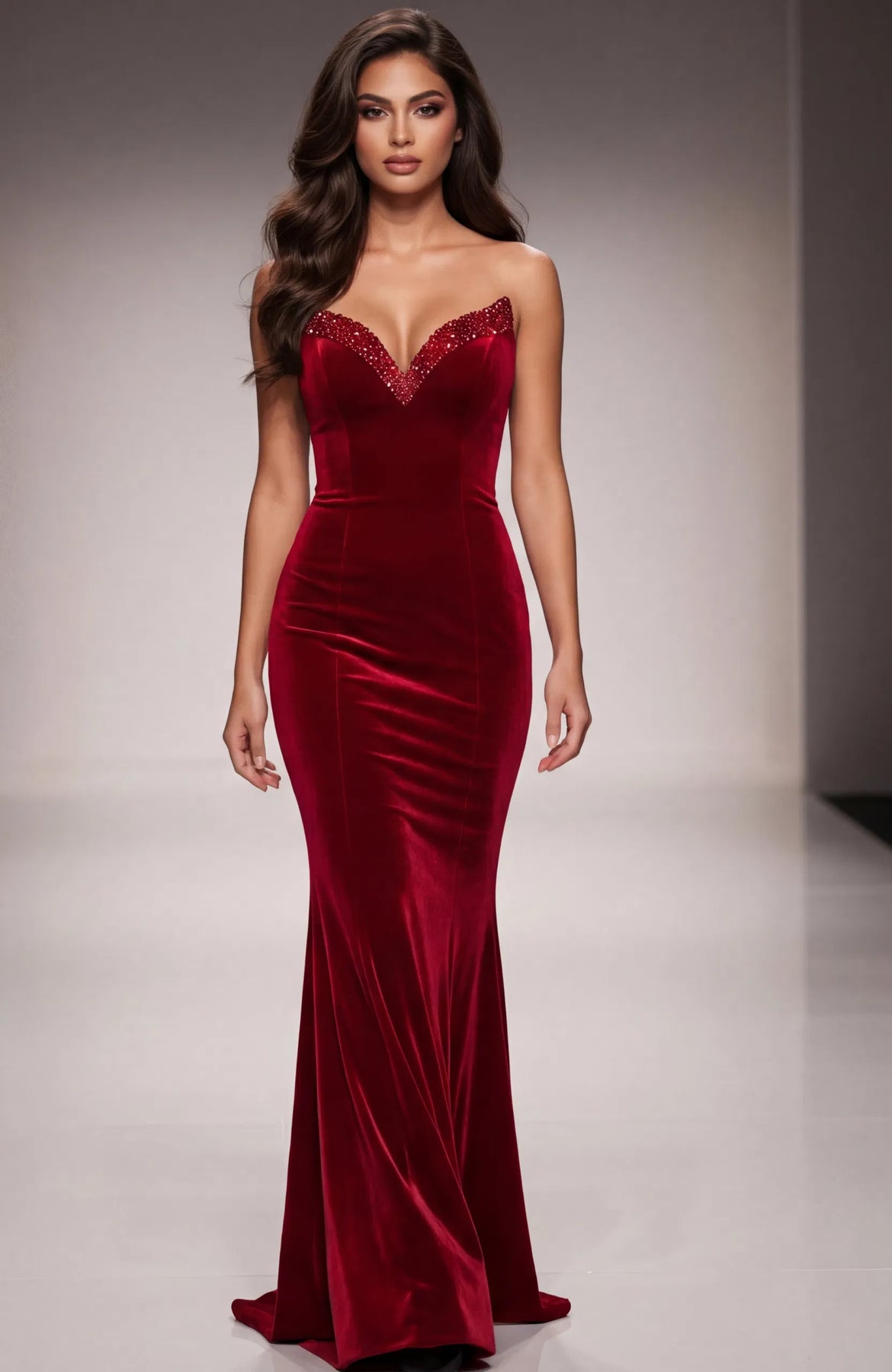Jovani 45479 - Crystal Trim Velvet Strapless Dress