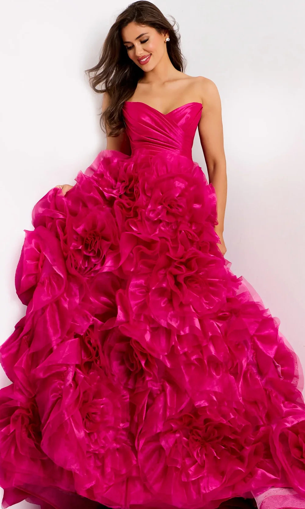 Jovani 45495 - Floral Ruffled Skirt Strapless Evening Gown Prom Dresses  in Fuchsia 