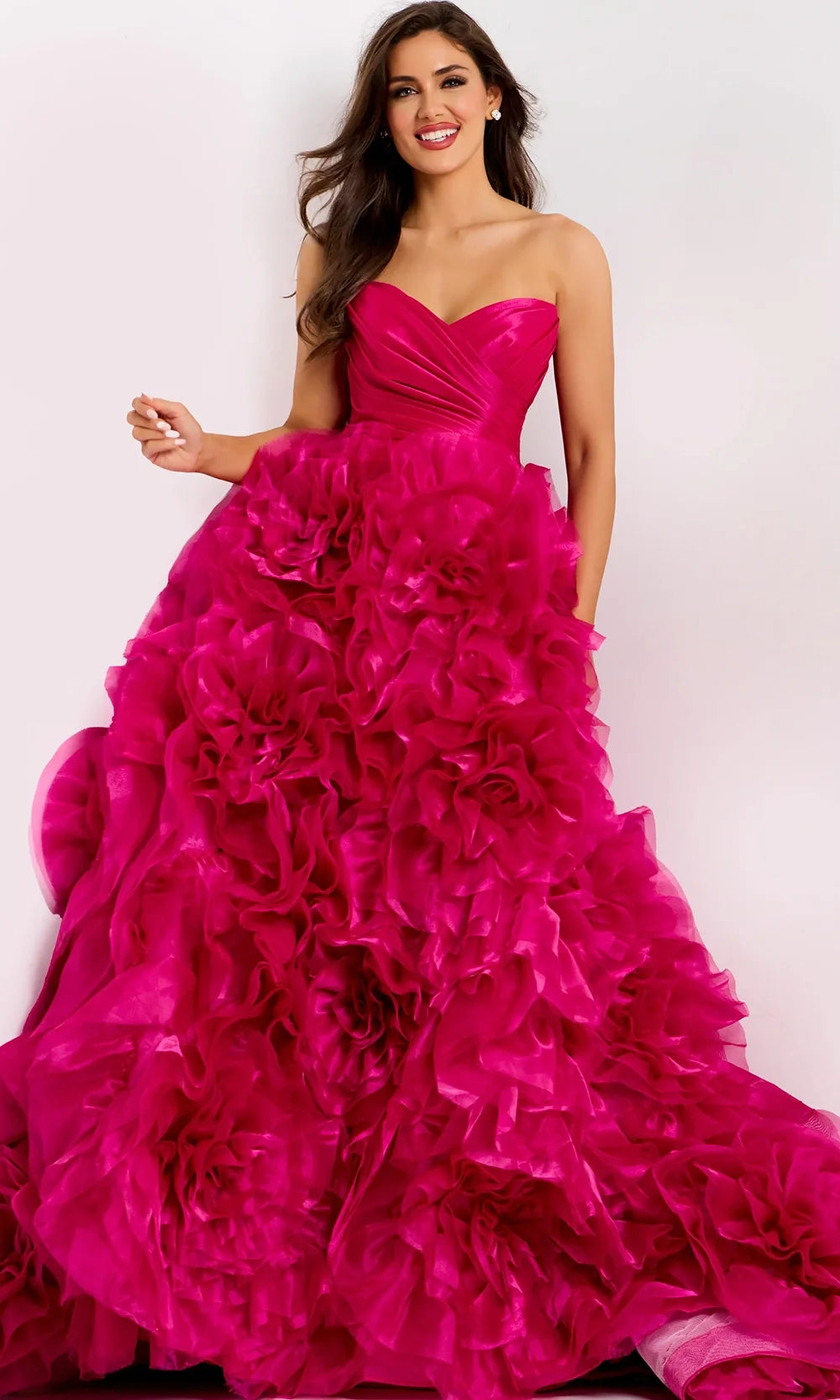 Jovani 45495 - Floral Ruffled Skirt Strapless Evening Gown Prom Dresses  in Fuchsia 