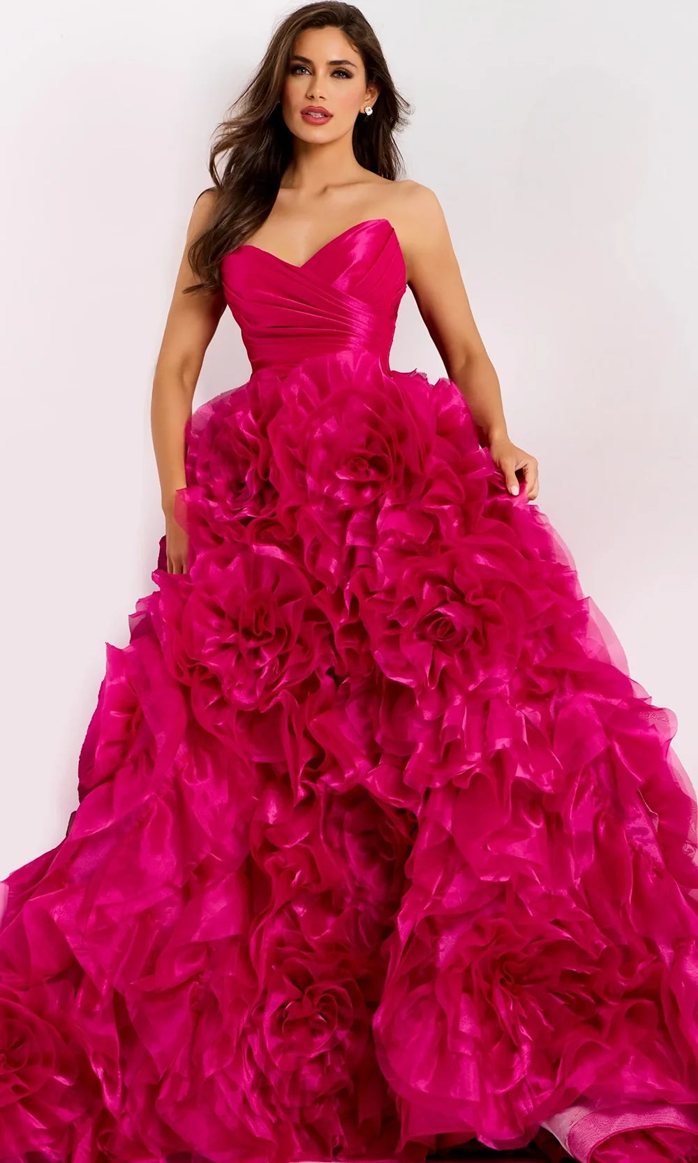 Jovani 45495 - Sweetheart Organza Ball Gown with Floral Ruffles Special Occasion Dress In Fuchsia